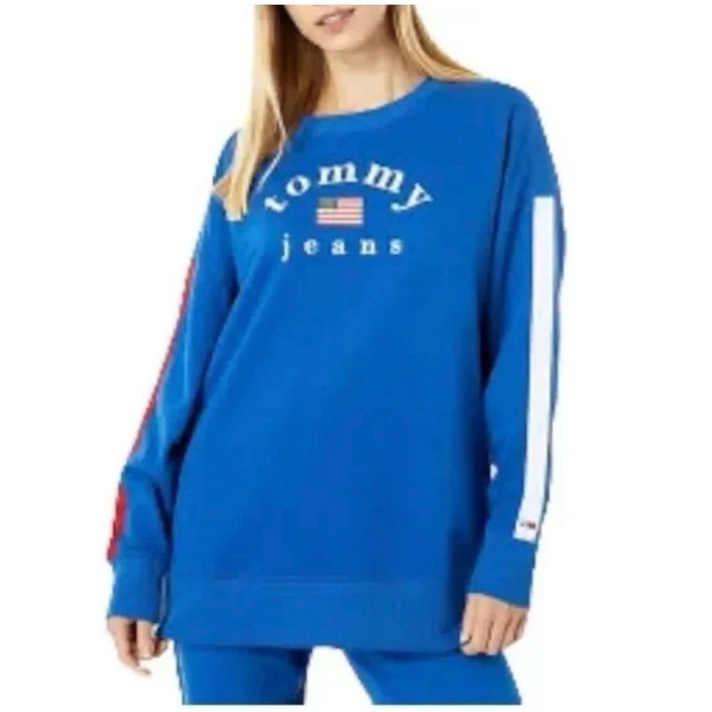 Tommy Hilfiger Women's Bold Blue oversized Crewneck pullover sweatshirt size XXS